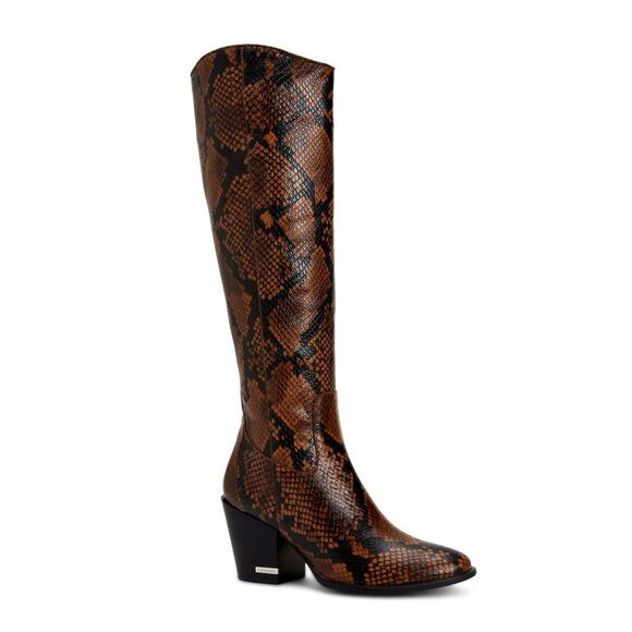 NWT CALVIN KLEIN Womens Brown Animal Print Zip-Up Leather Heeled Boots 6 - Picture 1 of 5